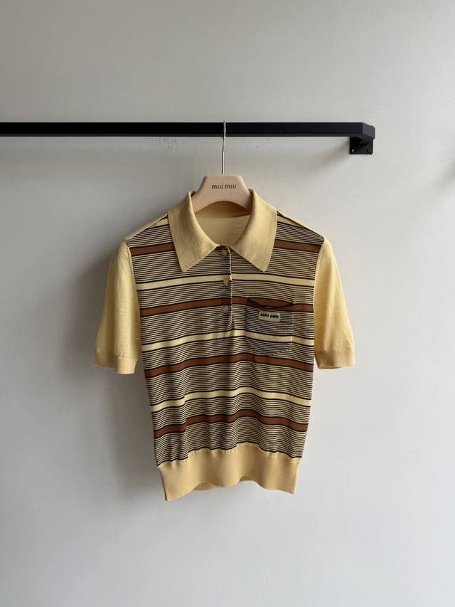 Miumi* 25Fw New Autumn/Winter Micro-Logo Yellow Striped Short-Sleeve Knit Polo T