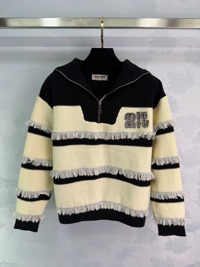 Miu*25 new autumn and winter striped tassel sweater with half-zip stand collar d