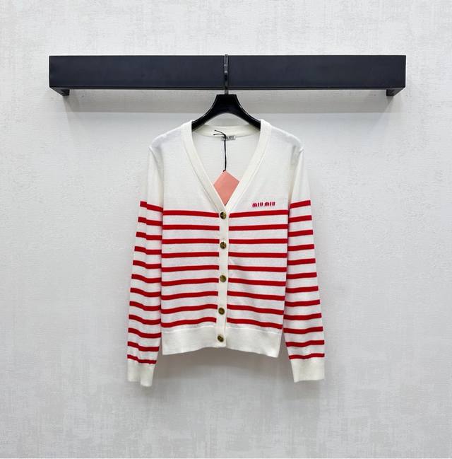 Miumi*2025 New Arrival Striped Knit Cardigan Custom Made Yb Imported Wool Knit M