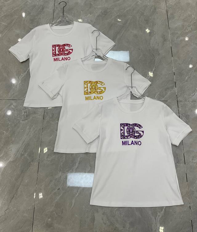 Dg purple pottery glaze Dg letter embroidery white fashion T-shirt Smlxlxxl 022