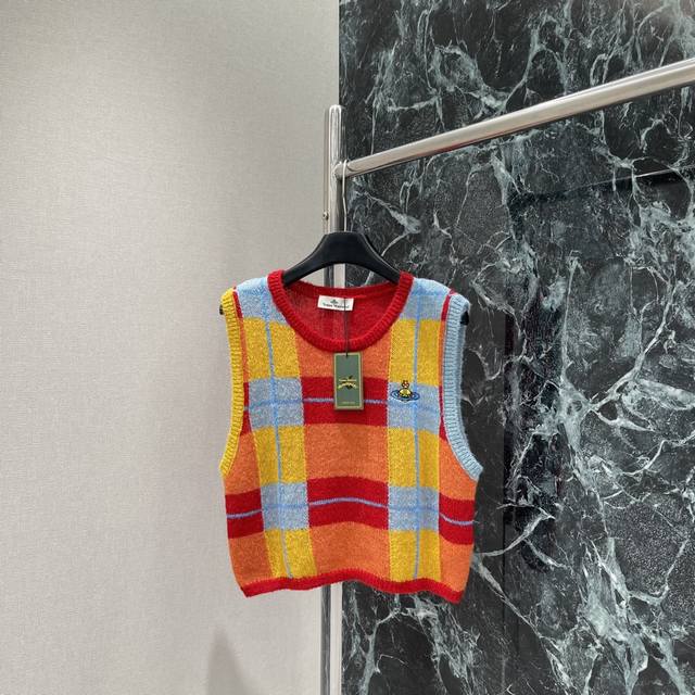Saturn 25 early autumn new plaid knitted vest with red, yellow, blue and orange