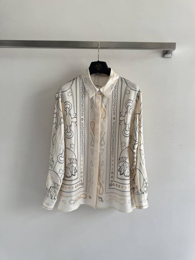 Herme* 25Fw new twill silk shirt, geometric pattern ring chain print, loose ver