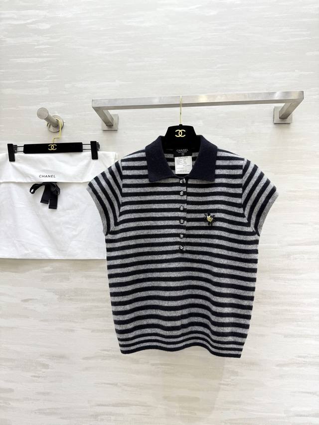 Chane2 autumn and winter new wool lapel striped short-sleeved top 100% wool text