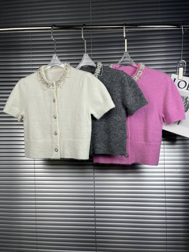 2025 New Style New Collar Heavy Beading Short Sleeve Wool Cardigan Fashion Youth