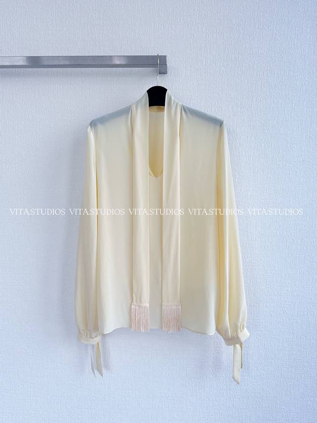 Hot-selling item in stock: stand-up collar, ribbon, and tassel shirt. Made from