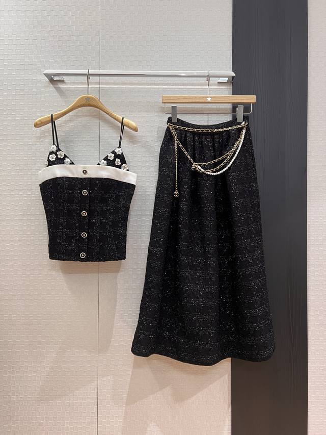 Black suspender skirt new autumn and winter style black heavy hand-sewn beaded s