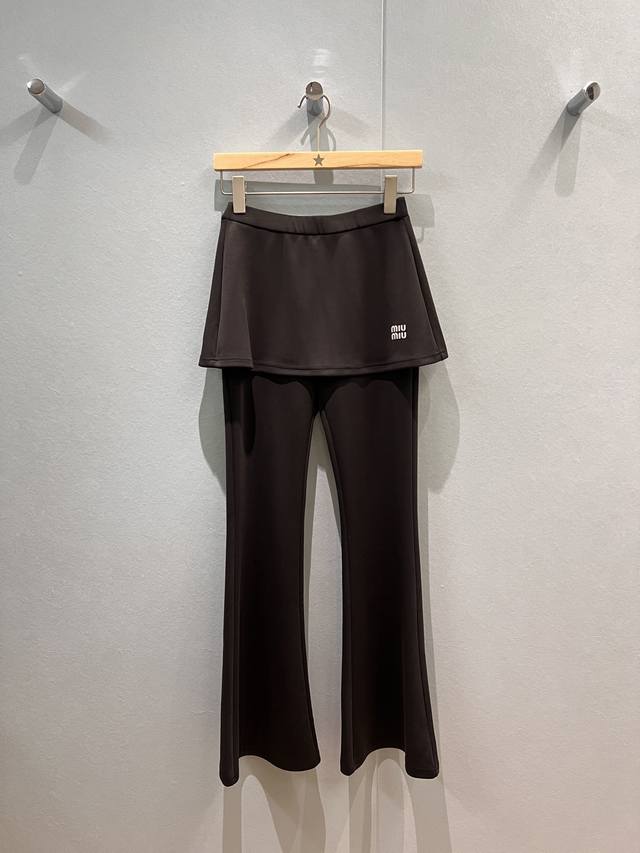 New Miu series spliced skirt fake two-piece slightly flared pants elastic waist