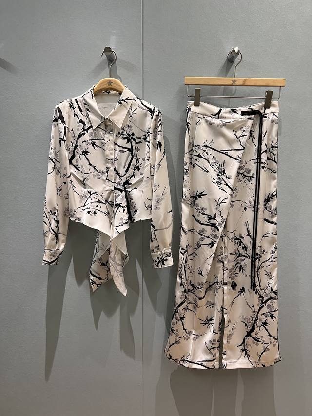 shirt and pants new early autumn series ink and blue print hem knotted short sh