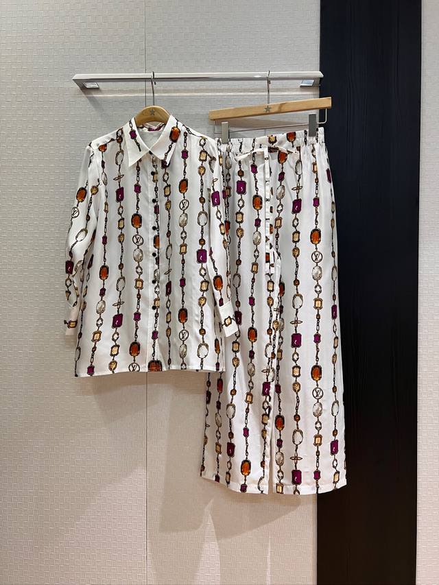New style shirt and pants with gem chain positioning print silk twill shirt and