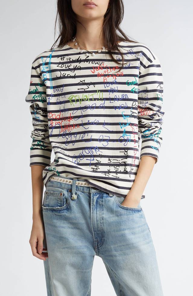 Colorful graffiti striped long-sleeved T-shirt! Cotton Sml