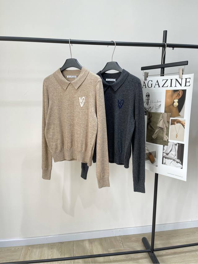 Ac Heart Letter Polo Long Sleeve Sweater , Fabric: Wool BlendColor: Khaki, Dark