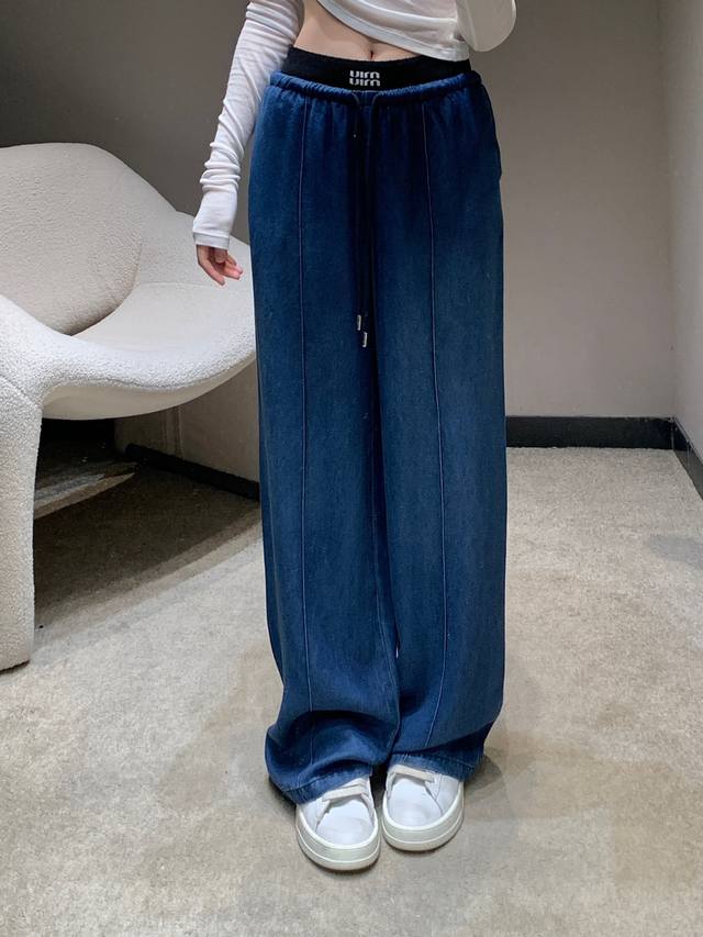 Miumi* 25Ss new spring and summer letter elastic waist Tencel denim wide-leg tro