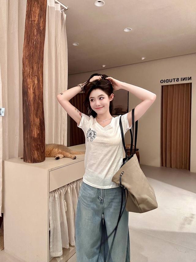 Chorme Heart* 25Ss Spring/Summer new printed V-neck short-sleeved T-shirt | Excl