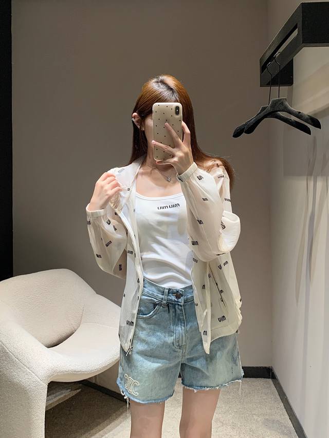 Miumi* 25Ss new spring/summer flocked printed hooded zippered sun protection jac