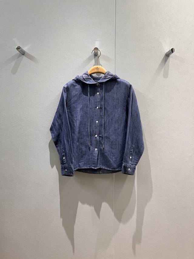New Lp blue denim hooded shirt loose short hem logo leather label decoration sw