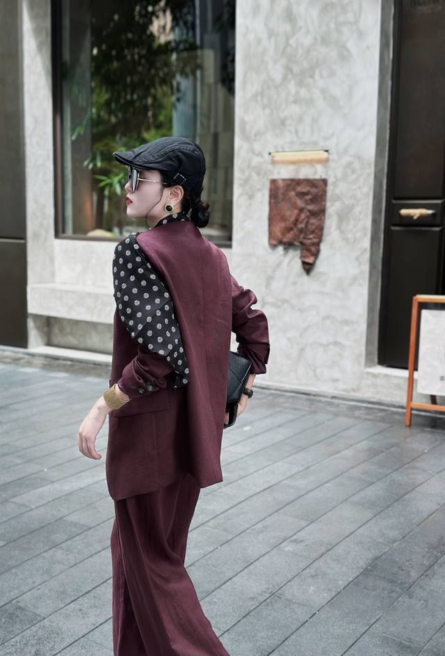 Jacket Simple and handsome 100% linen suit jacket with silk scarf wine red apri