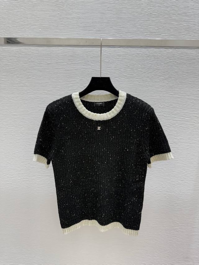 Ch's new summer color matching gold and silver thread round neck knitted short s