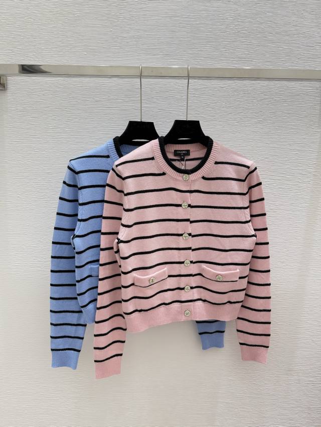 Ch's early autumn new contrast striped round neck knitted long-sleeved cardigan