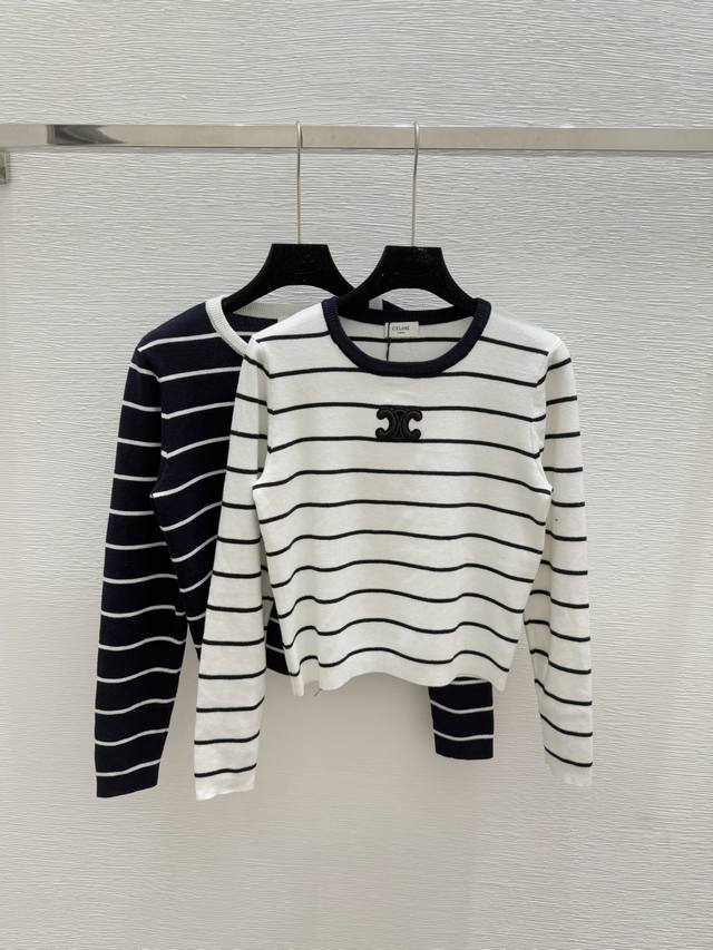 Ce's early autumn new contrast striped round neck knitted long sleeve Color: Whi