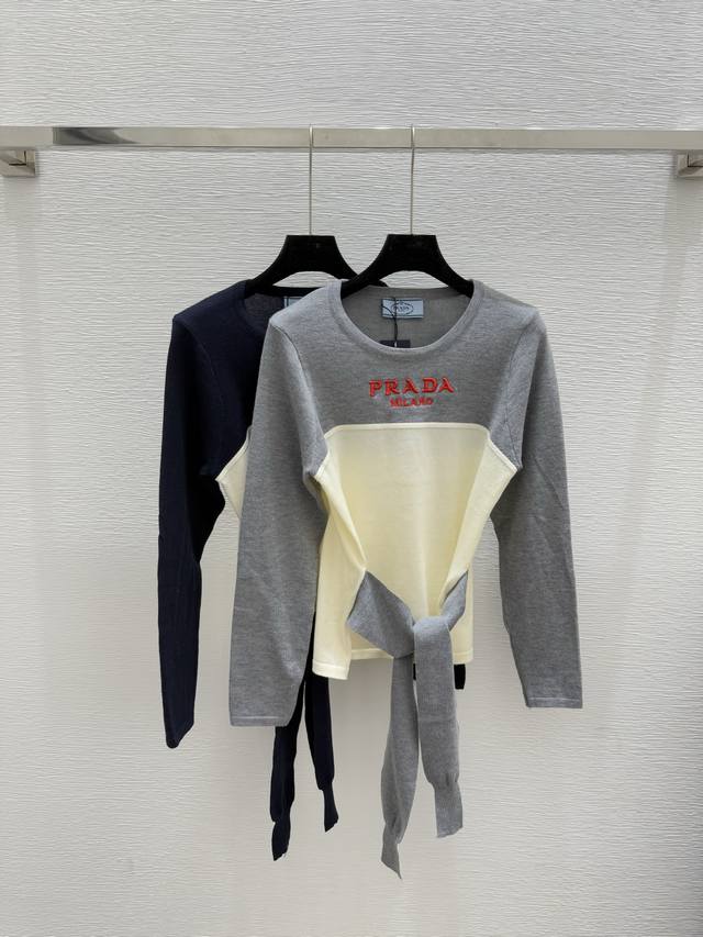 p's early autumn new color matching tie waist round neck knitted long sleeve Col