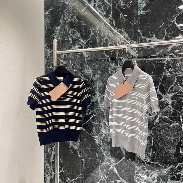 Short-sleeved Miu 2025 Spring/Summer new striped polo collar knitted short-slee