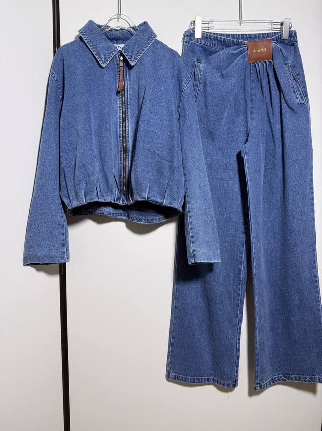 Suit Loewe women's leather patch asymmetrical tufted pleated denim drape zipper