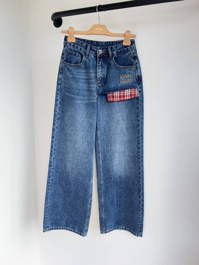 Miu25 new high-end plaid patchwork denim fabric, back pocket patch embroidered l