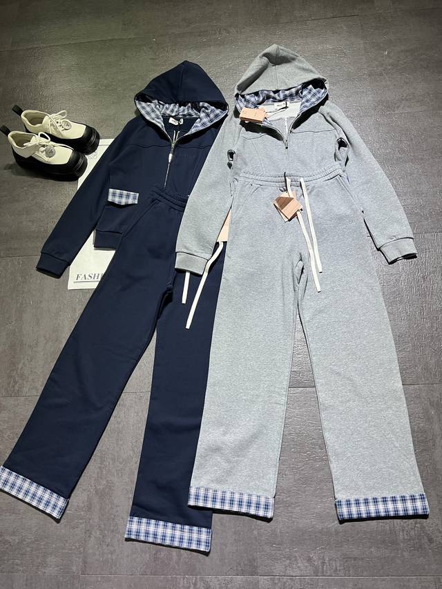 Set Miumi* 25Fw Early Fall New Two-Piece Plaid Zippered Hooded Sweatshirt and C