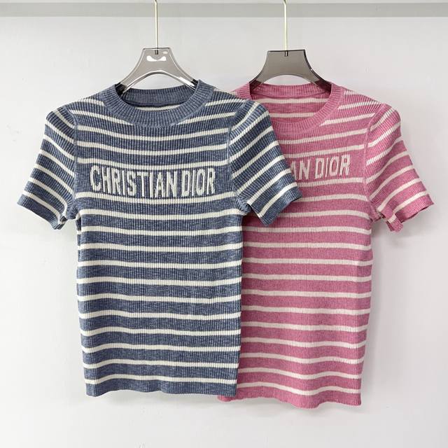 Dior25 new striped round neck short-sleeved topFabric: LinenColor: Pink BlueSize