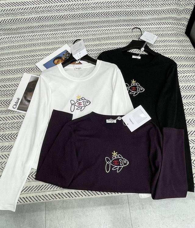25Ss New autumn and winter Chanel Tencel cotton embroidered logo letter fish lon