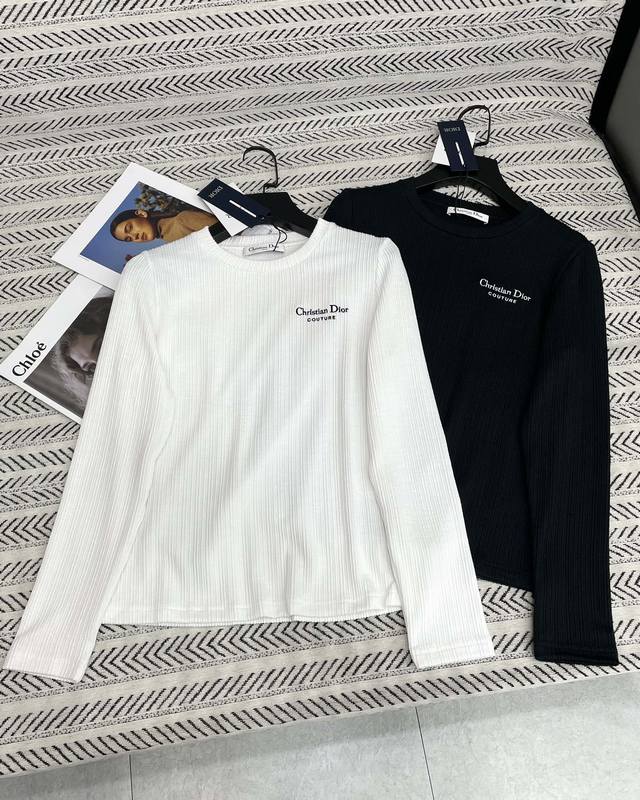 25Ss New autumn and winter Di*Or vertical stripe fabric embroidered small letter