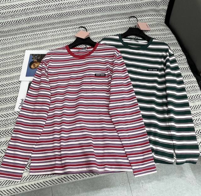 25Ss New autumn and winter Miu contrast striped pocket logo letter long sleeve c