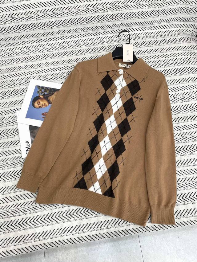 25Ss New autumn and winter style Miu college style polo collar diamond letter pa