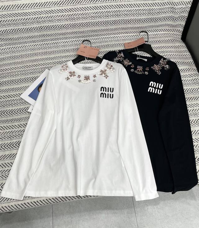 25Ss New autumn and winter style Miu heavy beaded flower letter print long sleev