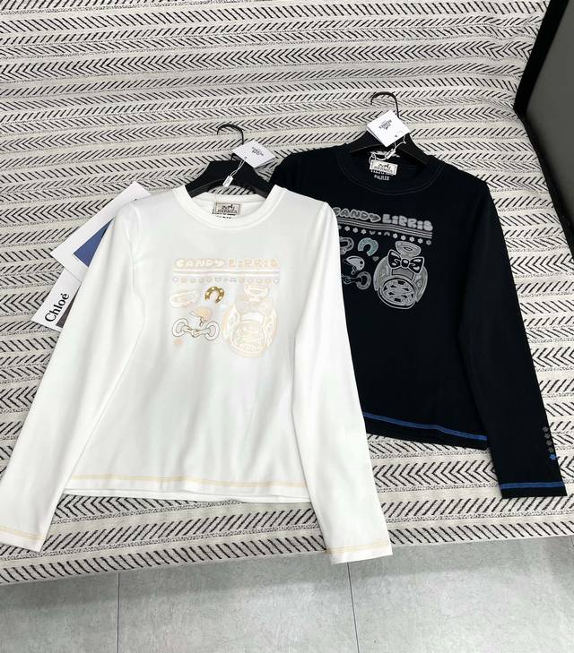 25Ss New for early spring Hermes candy bow print long-sleeved T-shirt! Highly re