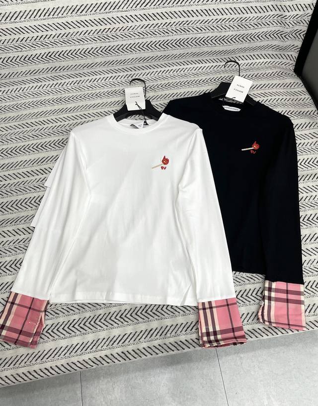 25Ss New autumn and winter Bv sleeves splicing plaid embroidery small logo long-