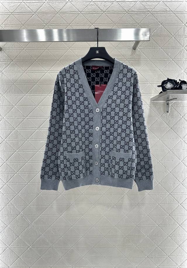 Gucc*2025 New Arrivals Reversible Jacquard Knit Cardigan Custom Yb wool knit mat