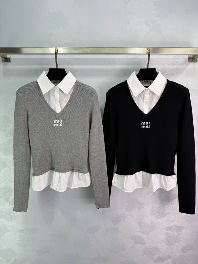 Miu* Fake Two-Piece V-Neck SweaterColors: Black, GraySizes: 36 S, 38 M, 40 L Det