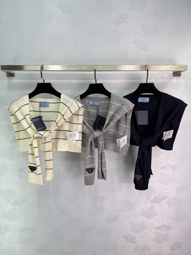 prad* New striped knitted shawl, available in three colors: off-white, gray, and