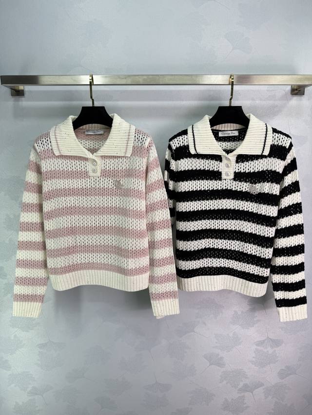 Dio*2025 new striped sweater, featuring a contrasting black, white, and pink des