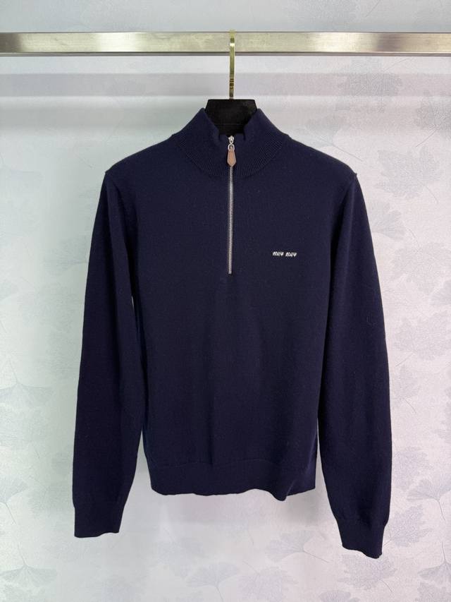 Miumi*25 Early Autumn new navy blue half-zip knitted cardigan, Yb custom zipper