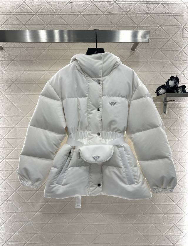 prad*2025 New Arrivals: Hooded Waisted Down Jacket. Made of custom Yb windproof
