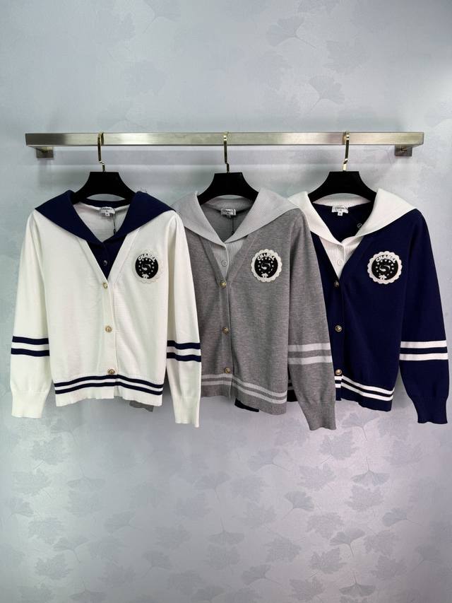 Ch*25 Early Fall new preppy style two-piece knit cardigan with a navy collar and