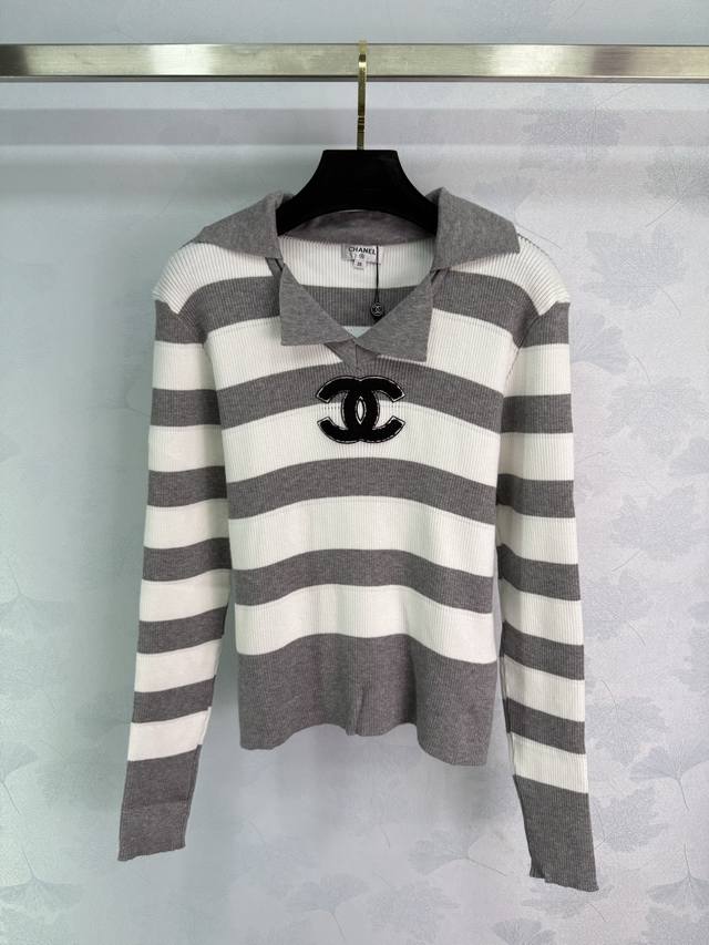 Ch*2025 Early Fall new striped lapel knitted long-sleeve top! Custom-woven from