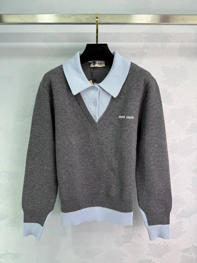 Miumi* 2025 Early Fall new faux two-piece knitted lapel top, custom-woven from Y