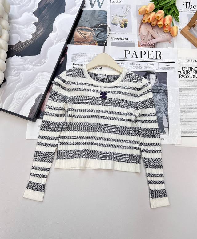 Chanel25Fw Early Fall New Micro-Logo Striped Sweater | Exclusive High-Edition Pr