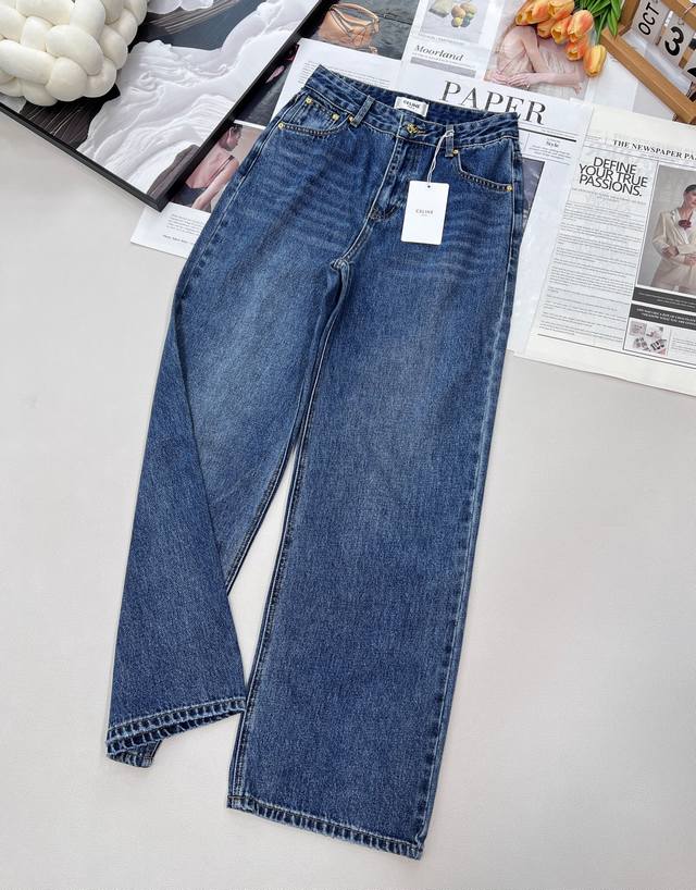 Celine 3D embroidered logo denim trousers, the latest autumn and winter series e