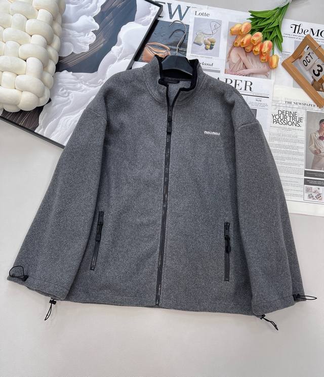 Miumiu2025Ss new polar fleece stand-up collar contrast zipper jacket, customized