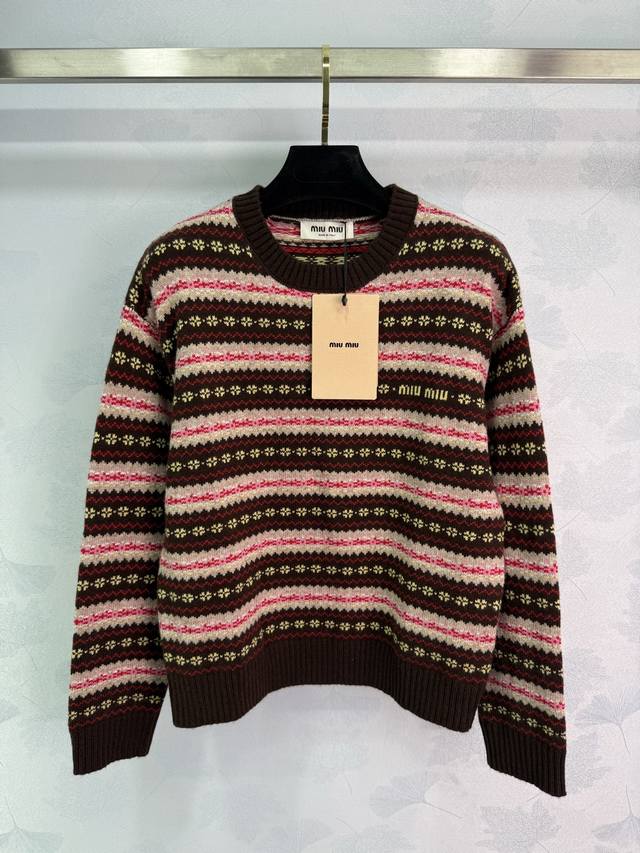 Miumi* 2025 Early Fall new official website crocheted crew neck pullover sweater