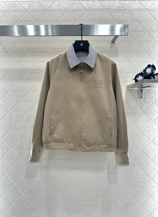 Miumi*2025 New Arrivals: Detachable Plaid Collar Zipper Jacket. Made of custom Y